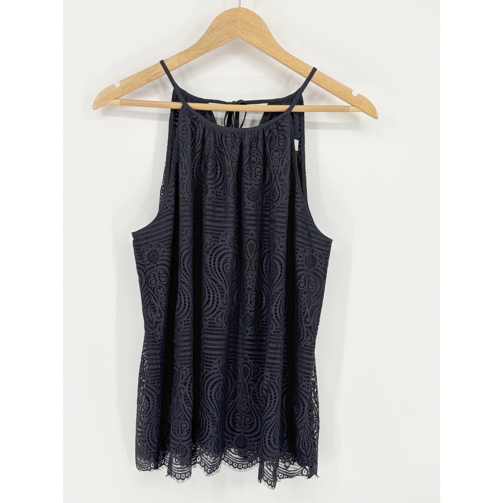 LOFT Halter Top Womens Small Navy Blue Lace Sleeveless Boho Romantic Blouse